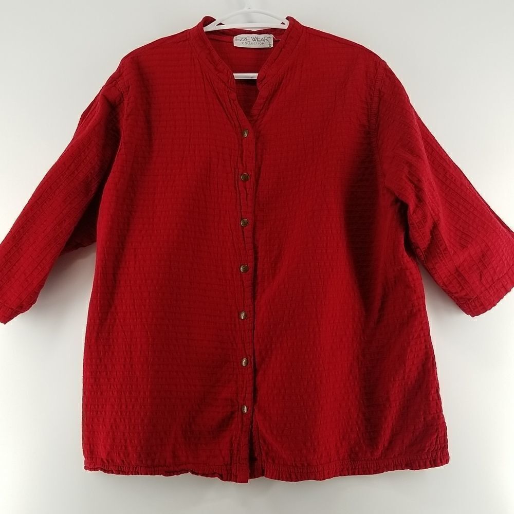 Ezze Wear Outdoors Sweater Women's Large Red Snap 3/4 Sleeve Vintage Honey-Komb